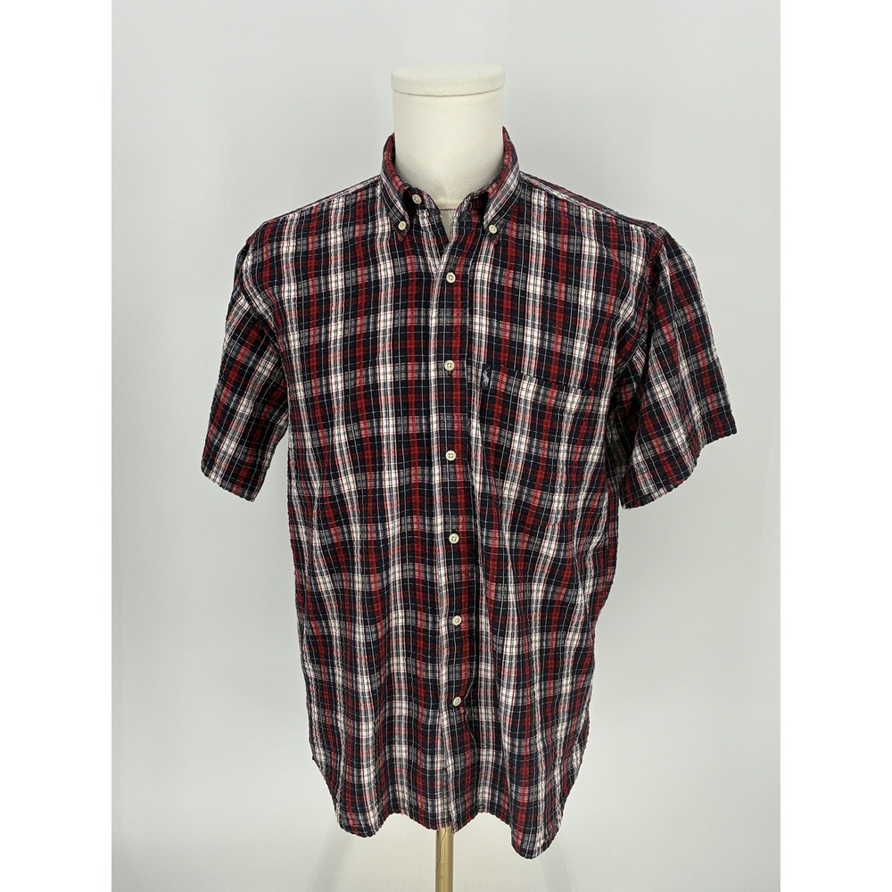 Polo Ralph Lauren Mens L Short Sleeve Button Down Shirt Seersucker Plaid Navy